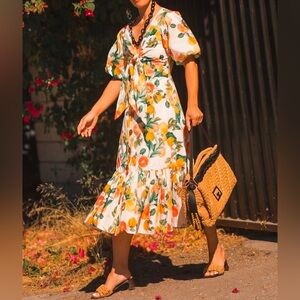 CARA CARA Georgica Puff-Sleeve Tie Front Grapefruit Citrus Print Dress EUX Sz 2